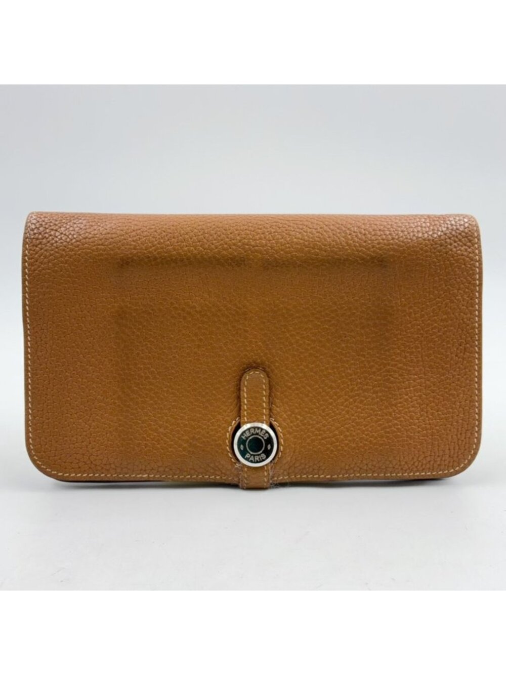Hermes Dogon GM Togo Leather Light Brown Bifold Wallet Silver